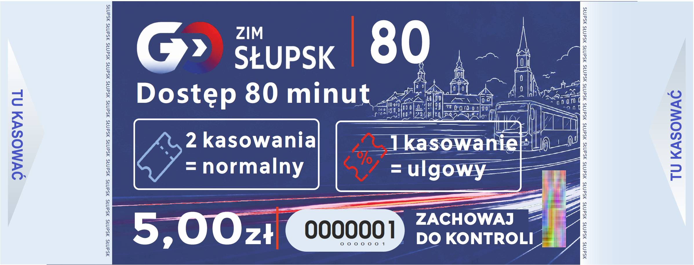 Papierowy bilet GO80. Dwa kasowania oznaczają przejazd normalny, jedno kasowanie przejazd ulgowy. Miejsca kasowania znajdują się po obu stronach biletu.