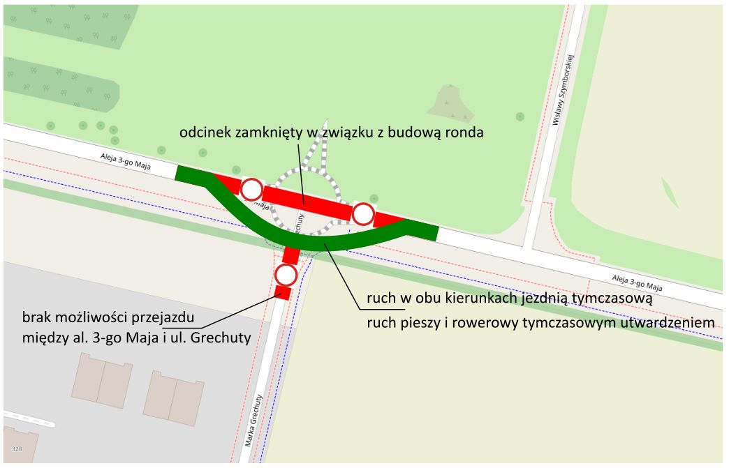 Schemat utrudnień w ruchu na alei 3-go Maja w związku z budową ronda na skrzyżowaniu z ulicą Grechuty. Schemat wskazuje zamknięty odcinek drogi i trasę objazdu.