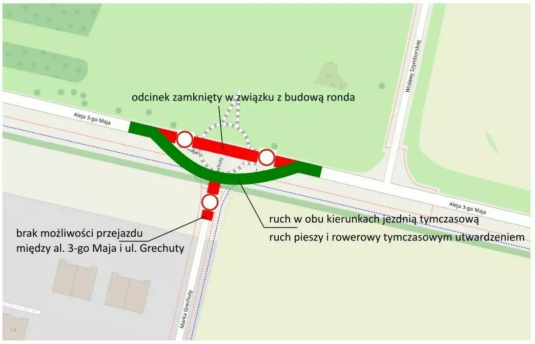 Schemat utrudnień w ruchu w związku z budową ronda na skrzyżowaniu ulic 3-go Maja i Grechuty. Na planie oznaczono przebieg tymczasowego objazdu oraz odcinka wyłączonego z ruchu